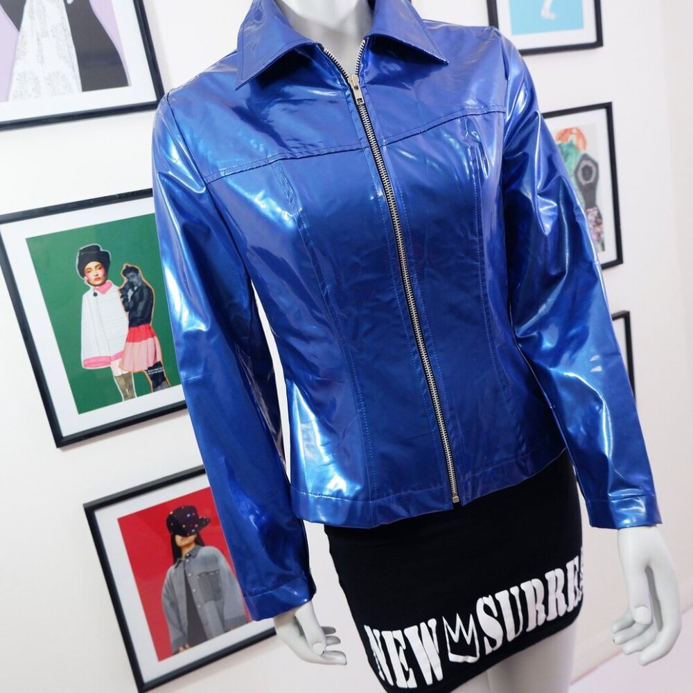 1990s Y2K Vinyl Look Shiny Slick Blue Polyurethane Jacket S Club - Picture 4 of 8
